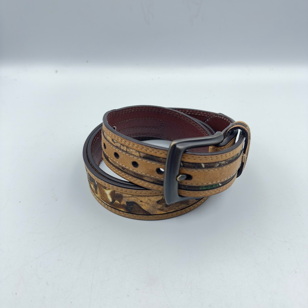 Mens Camouflage Canvas Leather Lined Belt Size‎ 38 Woodland Camo Brown EUC